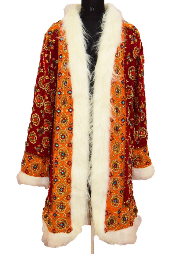 Indian Boho Party Wear Vintage Red Jacket Beaded Embroidered Banjara White Faux fur Gypsy Beautiful Christmas Festival Look Long Coat Jacket