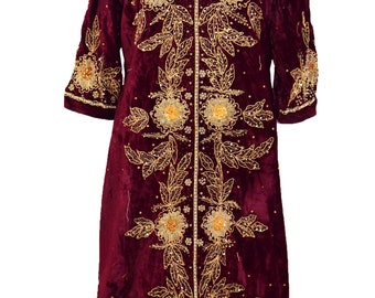 Antique Velvet kaftan - Indian Robe - Embroidered Gown - Royal Dress - Festival Dress - Maroon and Gold Vintage - Hippie - Maxi Dress - Doho