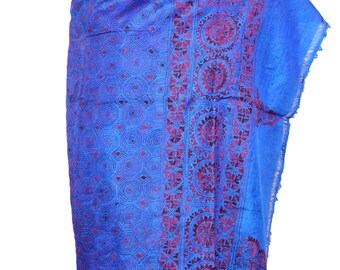 antique indian west bengal kantha textile hand sewing embroidery work fabric 100% pure silk vintage dupatta craft stole scarf style bengal