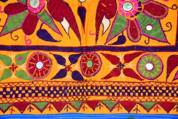 Antique Indian Large Kutch Hand Embroidery Mirror Work Tribal