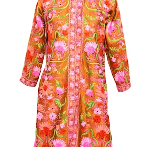 Amazing Vintage Beautiful Antique Eastern Indian KashmirI Floral Handmade Multi Embroidery Boho Kashmir Coat Girl&#39;s Dark Brown Long Jacket