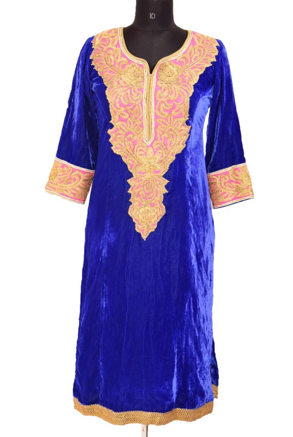 Amazing Vintage Indian Velvet Royal Blue Dress Tra