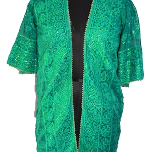 Amazing Vintage Boho Indian Dupatta Jacket Kaftan Jacket Flower Beaded Handmade Embroidered Kimono Embellished Evening Green Open Jacket