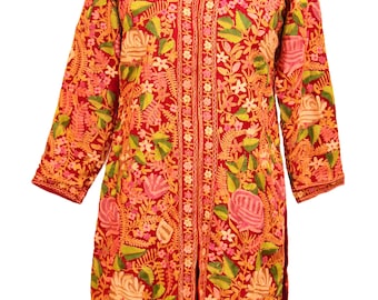 Ethnic Indian Kashmiri Vintage Long Red Dress Cashmere Pure Wool Floral Hand Heavy Embroidered Coat Boho Kurta Paisley Stitching Romantic