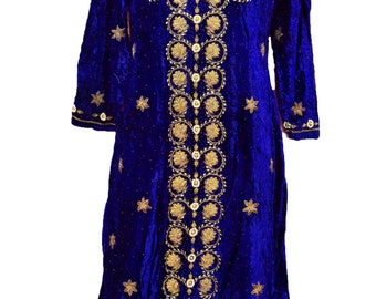 Antique Velvet kaftan - Indian Robe - Embroidered Gown - Royal Blue Dress - Festival Dress - Zari -Gold Vintage - Hippie - Maxi Dress - Doho