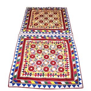 OLD Pair Authentic Vintage Indian Gujarati Banjara Handmade Embroidery Work Mirror Kutch Chakla Tapestry Wall Hanging Table Cover Boho Style