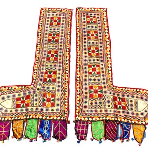 Vinage Old Gujarati Doorway Decor, Wall Hanging, Handmade Embroidery Mirror Work Door Hanging L Shape, Ahir Banjara Tribe&#39;s Home Decoration