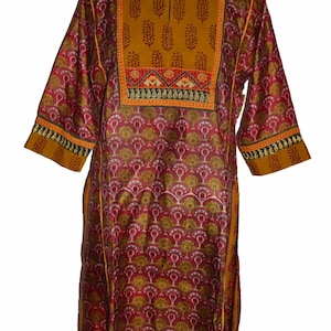 Antique Vintage Indian Kurta Top Lucknow Kantha Beautiful Flower Printed Hand Embroidery Zari Work Long  100% Pure Silk Ethnic Tunic Kurta