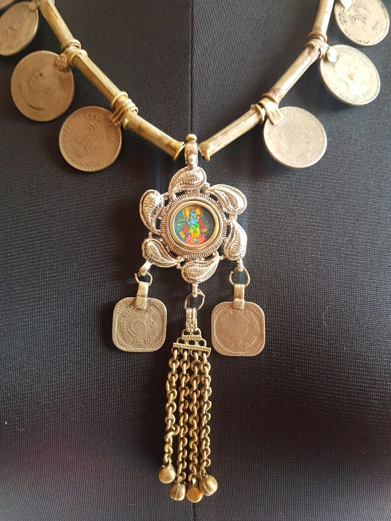 Banjara Handmade painted Indian Krishna pendant with sterling silver base and round glass front old coins yoga Hindu Indian Unique Necklace