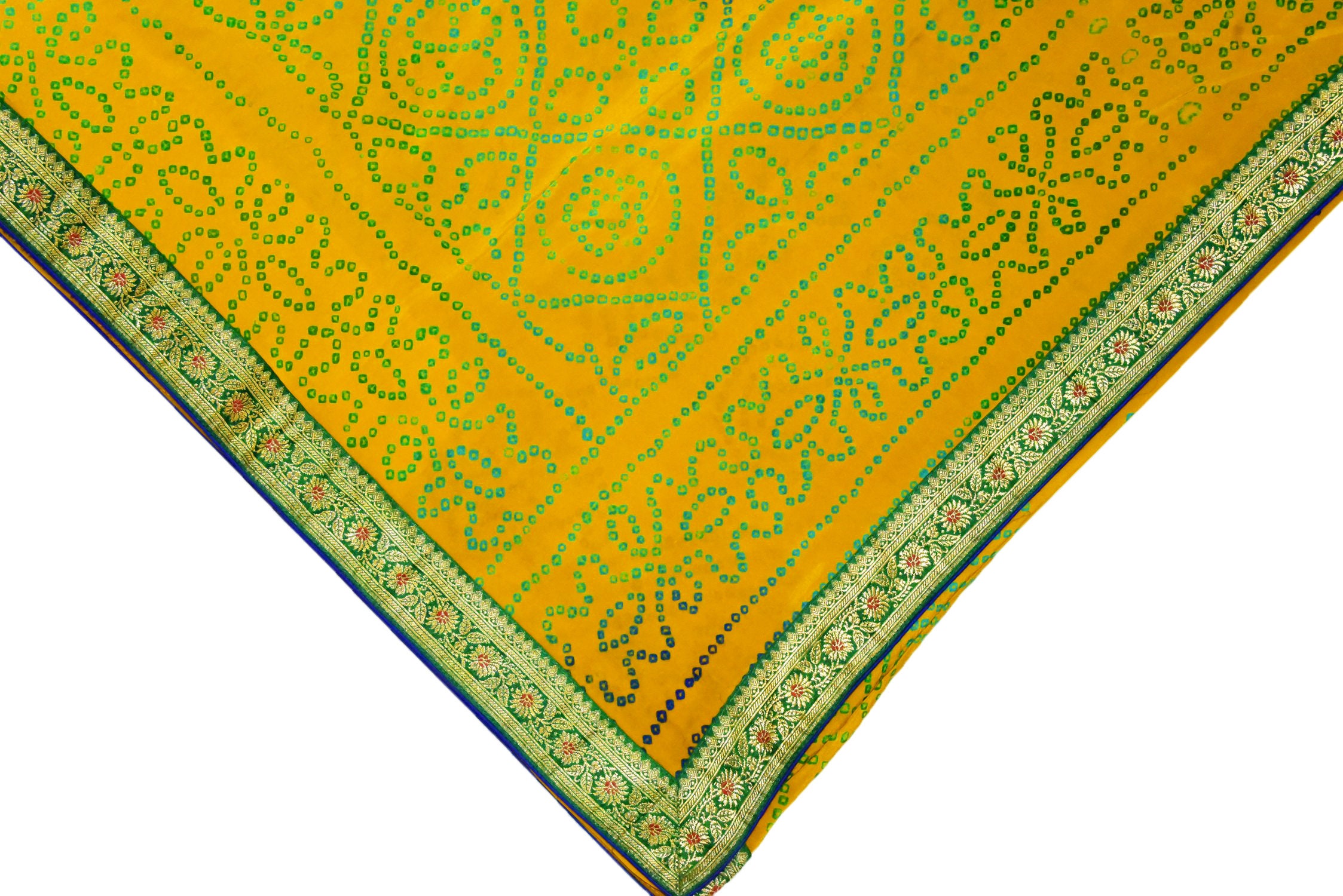 Vintage Indian Bandhani Printed Banarasi Zari Border Yellow Sari ...