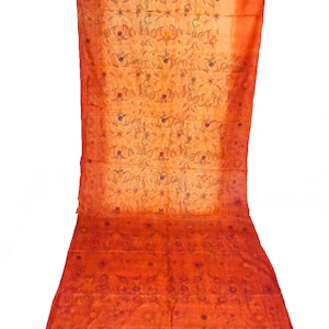 Ethnic Beautiful Indian Kantha West Bengal Vintage Saree 100% Pure Silk Saree Flower Leaves Hand Embroidery Work Sarong Fabric ORANGE Sari
