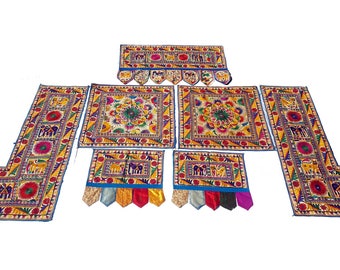 Antique Indian Large Kutch Handmade Embroidery Mirror Work Tribal Throw Ethnic Banjara 7 Pcs Wall Hanging Tapestries Rustic Vintage Toran