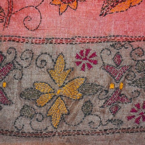 Old Vintage Beautiful Antique Indian Kantha West Bengal Saree 100% Pure Silk Red  And Orange Saree Flower Hand Embroidery Sarong Fabric Sari