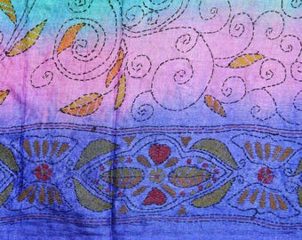 Vintage Amazing Indian West Bengal Saree Fabric Handmade 100% Pure Silk Saree Floral Kantha Multi Embroidery Thread Work. Sarong 5YD Sari.