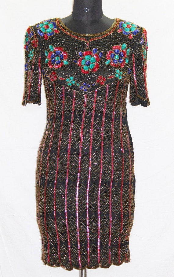 Vintage Very Beautiful Beaded Art Deco Aqua Black Gold Dress Silk Cocktail Party Sequin Dress AJ Bari Very Heavy Beaded Dress Gown M/Large