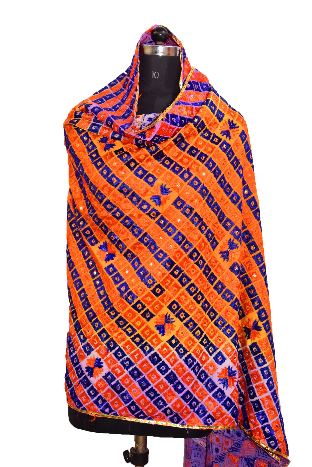 Orange - Bagh Hand Block Printed Crepe Silk Stole