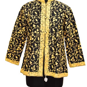 antique Eastern Indian Kashmiri Crewel Embroidery Jacket Boho Vintage Hand Floral Yellow Embroidery Wool / to School Girl&#39; Long Black Jacket