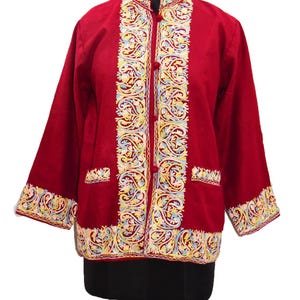Vacker antik vintage östindisk KashmirI ullbroderi / Boho Kashmir rödbrun ulljacka / Lätt ull / Flickjacka