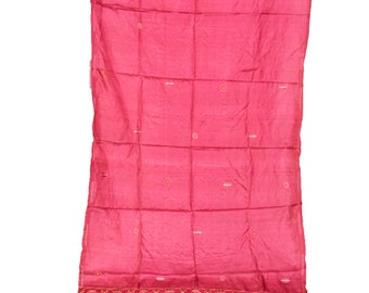 Vintage Amazing Beautiful Pink Saree Fabric 100% Pure Silk Beaded Handmade Flower Embroidery Thread Work Sarong Woven Party Wear Sari. 5 YD