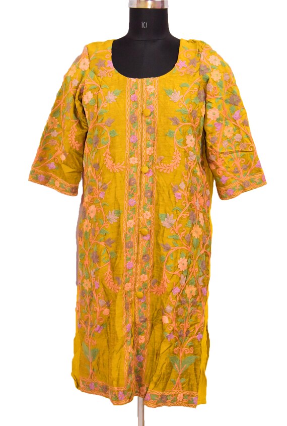 Robe / Kurti Vintage Indien En Soie Brodée Crewel - Taille XL, Vert, Fait Main