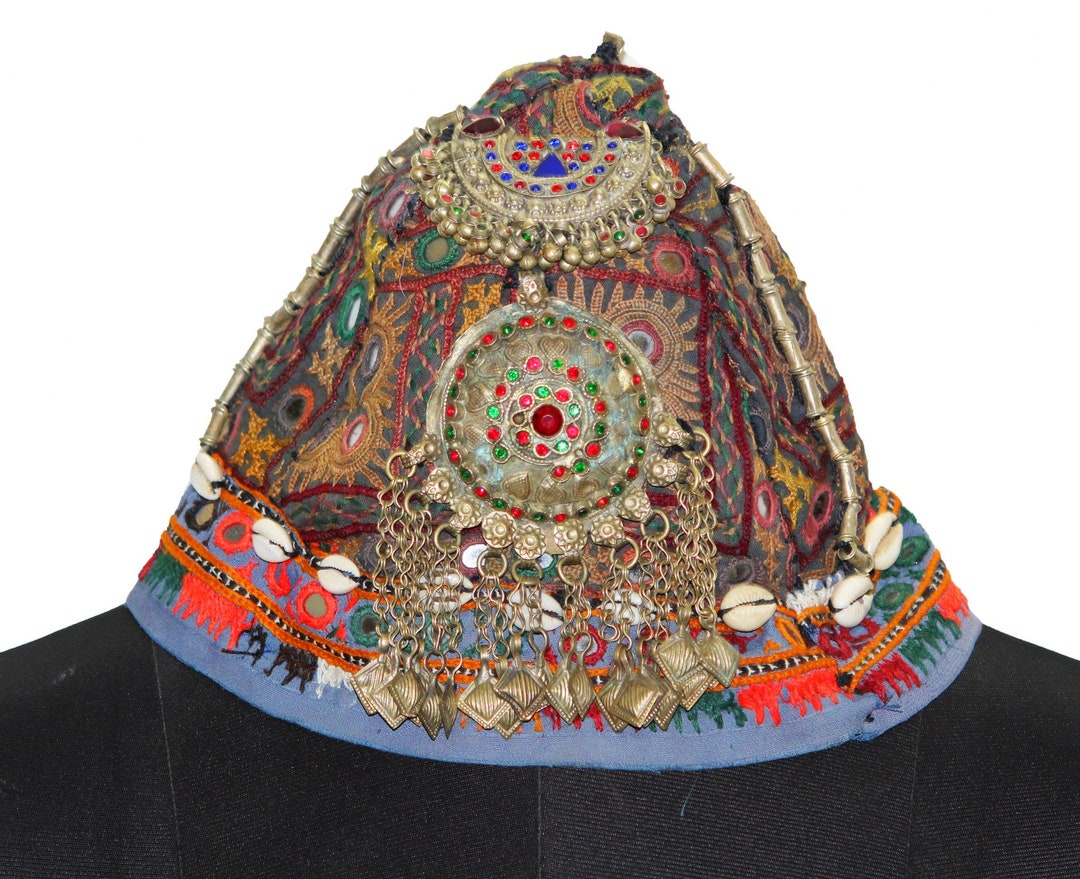 Vintage Afghani Turkmen Kuchi Dowry Cap Hat Handmade & Embroidered W/ Coins RARE VINTAGE UZBEK AFGHANI TURKMEN HAND EMBROIDERED TRIBAL  main image 2