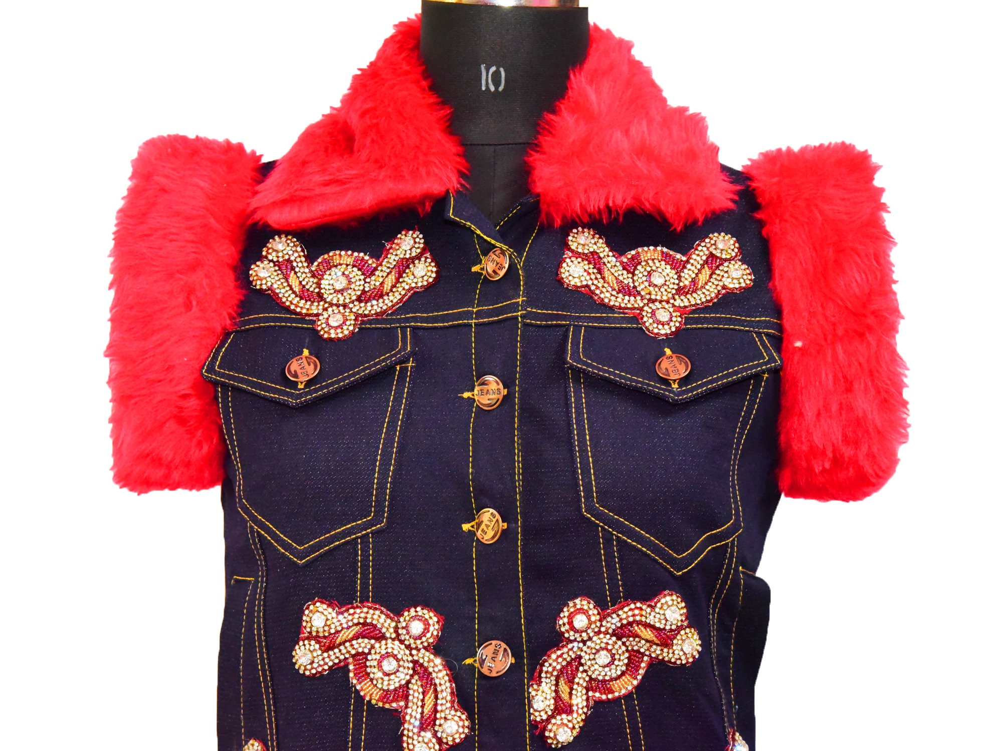 Zara denim jacket with red fur M size - पुरुष - 1748650149