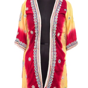 Beautiful Vintage Boho Indian Dupatta Jacket Kaftan Venice Silver Beaded Embroidered Kimono Embellished Evening Open Red & White Jacket