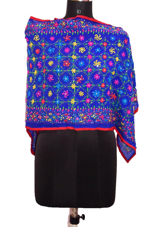 Stola Indiana Antica Vintage In Stile Punjabi, Sciarpa Lunga, Con Fiori, Fatta A Mano, Con Perline, Ricamata, Phulkari, Dupatta, Velo, Hijab, Tessuto Georgette - Italia - Foto 3