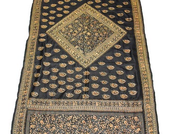 ethnic indian west bengal kantha handmade sewing embroidery work fabric 100% pure silk vintage dupatta craft stole black scarf style bengal