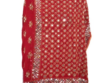 Vintage Antique Indian Punjabi Brown Stole Scarf Long Flower Handmade Beaded Embroidered Wrap Phulkari Dupatta Veil Hijab Fabric Georgette