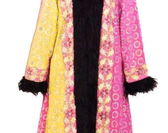 Beautiful Boho Party Wear Black fur Coat Vintage Pink & Yellow Jacket Indian Beaded Embroidered Banjara Music Festival Look Long Coat Jacket