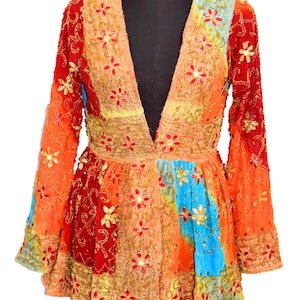 Amazing Vintage Boho Indian Jacket Kaftan Keriya Venice Heavy Border Beaded Embroidered Work Kimono Embellished Evening Rainbow Unique Dress