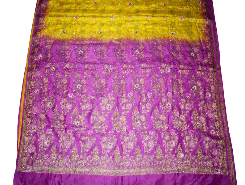 Antique Amazing Indian Vintage 100/% Pure Silk Lemon And Purple Zari Border Handmade Saree Woven Sari Ethnic Used Craft Fabric Wear 5 Yard