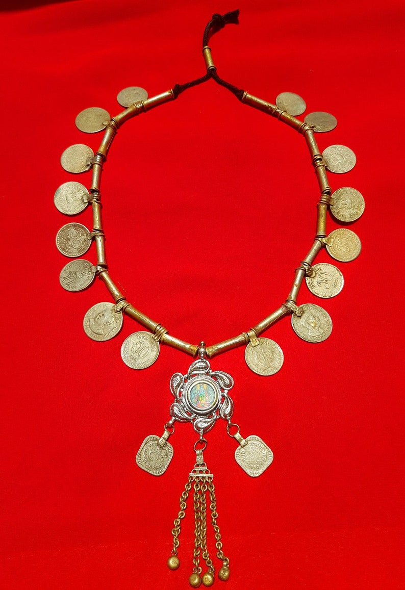 Banjara Handmade painted Indian Krishna pendant with sterling silver base and round glass front old coins yoga Hindu Indian Unique Necklace