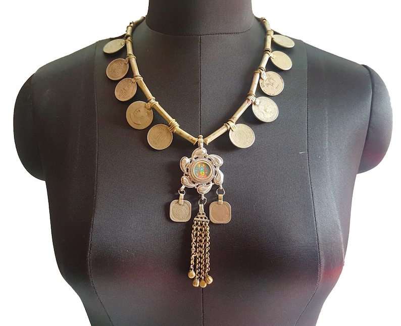Banjara Handmade painted Indian Krishna pendant with sterling silver base and round glass front old coins yoga Hindu Indian Unique Necklace