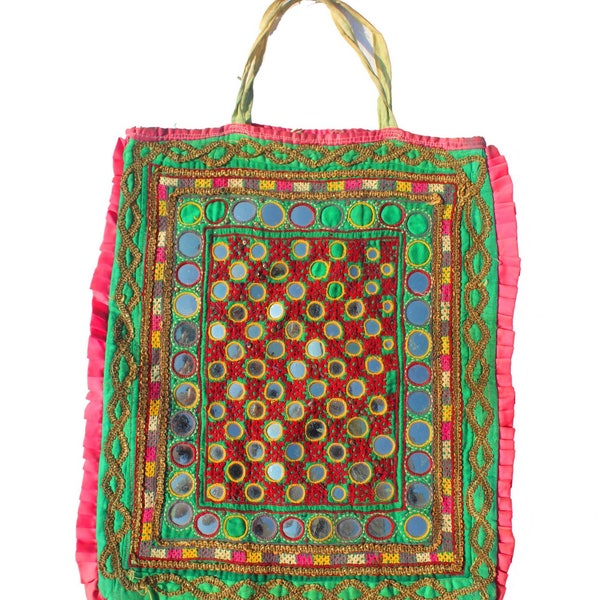 Vintage Banjara Bag, Embroidered Handbag, Gypsy Purse, Kuchi, Hobo Bag, Tribal Bag, Large Tote Beaded Mirrored Style Gujarati Free shipping