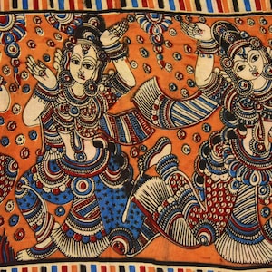 Antique Marriage View Traditional Vintage Handmade Indian God Radha Krishna Painted Made Ethnic Hand Kalamkari Saree Cotton Silk Multi Sari