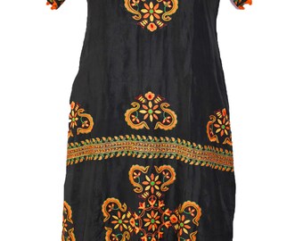 Vintage Antique Indian Bollywood Party Wear Black Kurta Top Lucknow Old Handmade Embroidery Work Long 100% Pure Silk Tunic Wedding Dress