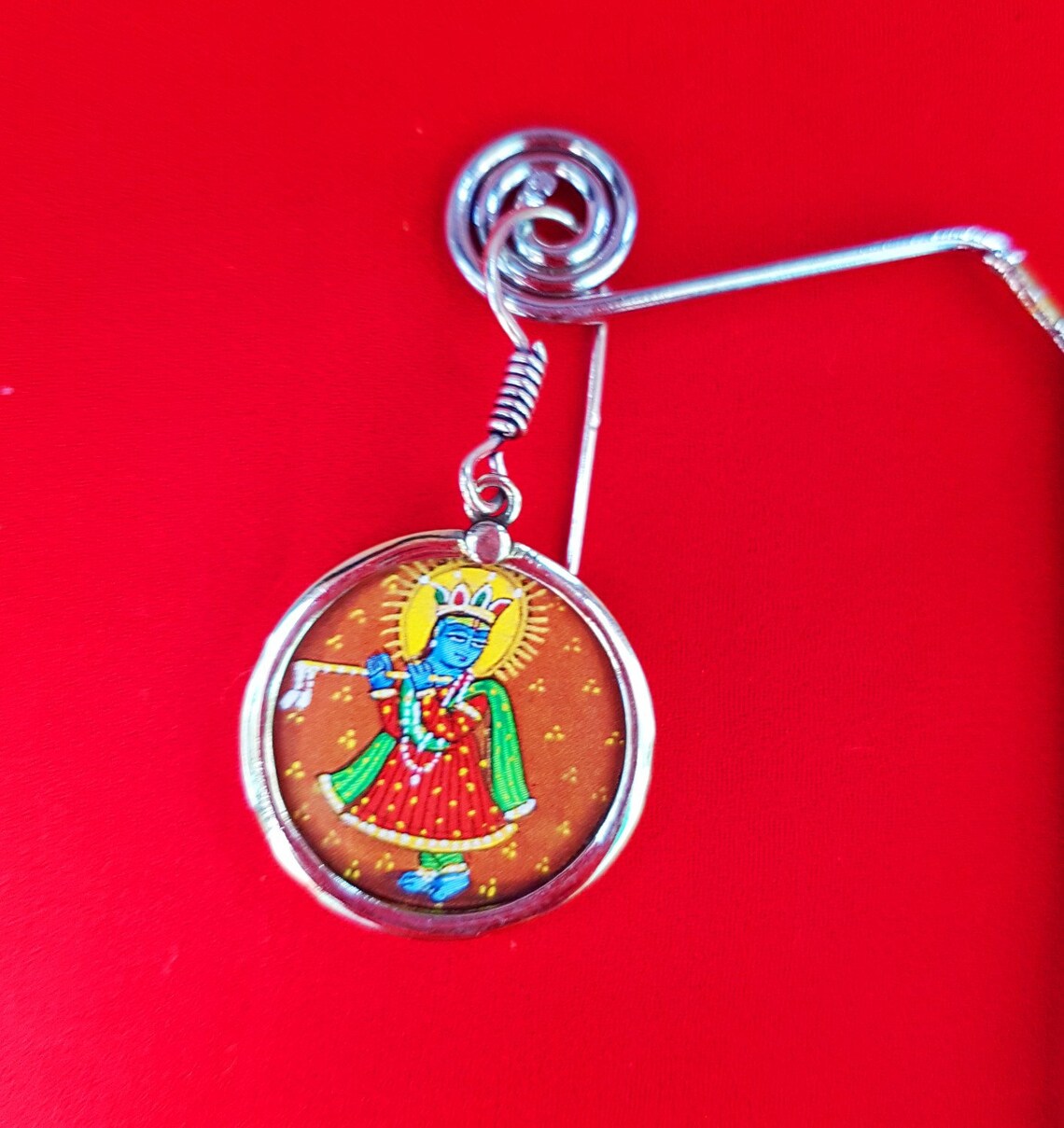 Handmade painted Krishna pendant with sterling silver base and Etsy