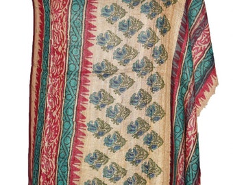 Ethnic Vintage Style Indian Vtg White Dupatta Long Stole 100% Pure Khadi Silk Wrap Hijab Floral Printed Work Wrap Scarves Authentic Shawl