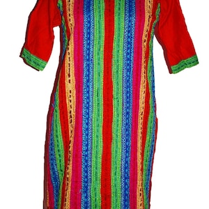 Beautiful Antique Vintage Indian West Bengal Kurta Top Lucknow Kantha Handmade Embroidery Work Long Multi Color 100% Pure Cotton Tunic Kurta