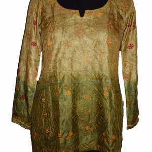 Antique Vintage Indian West Bengal Short Kurta Top Lucknow Beautiful Kantha Handmade Embroidery Work Green Color 101% Pure Silk Tunic Kurta