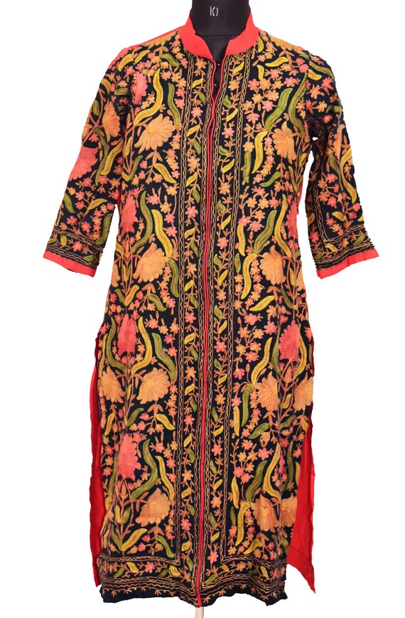 Indian Kashmiri Vintage Long Dress Cashmere Pure Wool Floral Handmade Heavy Embroidered  Coat Boho Antique Kurta Paisley Stitching Romantic - Etsy