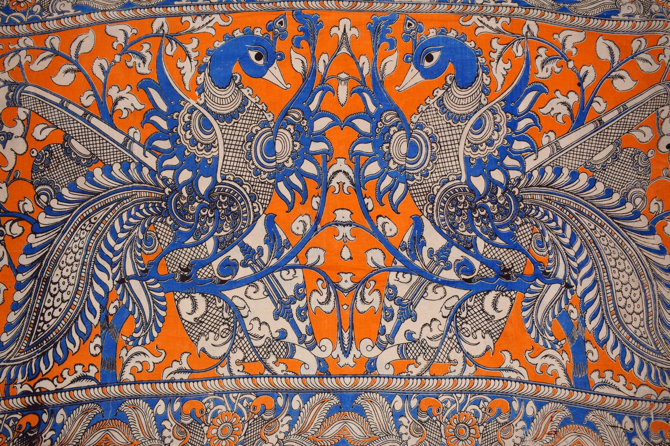 Indian Antique Marriage View Traditional Vintage Handmade Peacock Painted Made Kalamkari Saree Chennuri Cotton Silk with Blouse Piece Sari