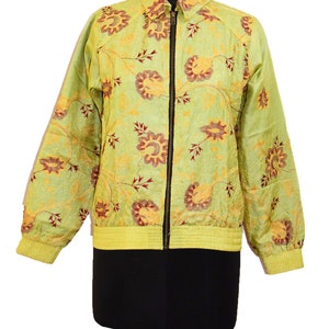 Vintage Beautiful Antique Indian Saree Festival Jacket Fabric Bomber 100% Pure Silk Flower Hand Embroidery Work Traditional Unique Jackets