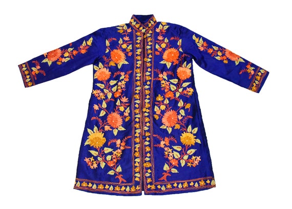 Nargis Blue Kashmiri Crewel Hand Embroidered Long Cotton Dress main image 1