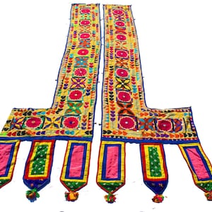 Vintage Banjara Gujarati Doorway Decor, Wall Hanging, Handmade Embroidery Mirror Work 2 Pcs Door Hanging L Toran Shape, Ahir Home Decoration
