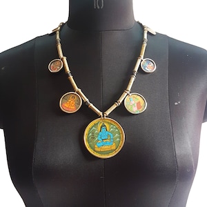 Banjara Handmade Painted Shankar Pendant with sterling silver base and round glass front Old Coin yoga Hindu Indian Very Unique Necklace