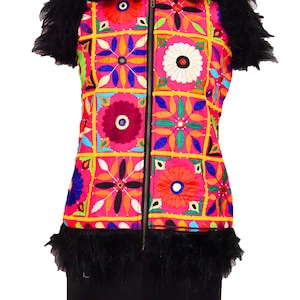 Unique Banjara Bohemian Electric Festival Disco Short Jacket Hippie Tribal Vintage Gujarat Floral Hand Embroidered Beautiful Faux Fur Jacket