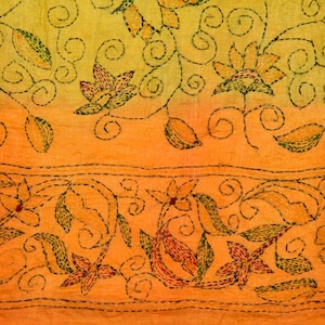 Antique Beautiful Vintage Indian Kantha West Bengal Saree 100% Pure Silk Yellow & Orange Saree Handmade Embroidery Work Sarong Fabric Sari
